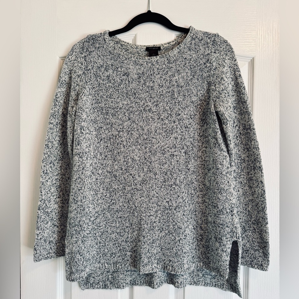 Marled light blue/white cotton knit tunic styled sweater.